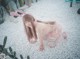 A woman in a pink bunny costume crouching on a bed of white pebbles.